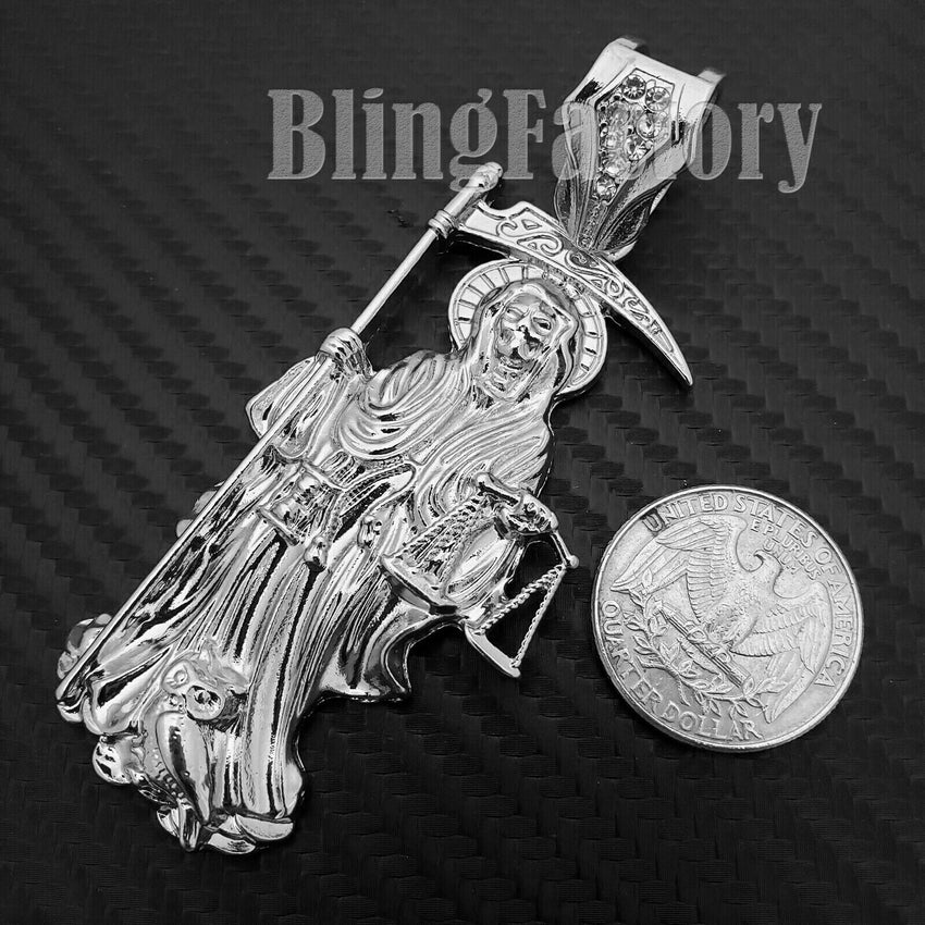 HIP HOP WHITE GOLD PLATED FASHION LAB DIAMOND SAINT DEATH SANTA MUERTE CHARM PENDANT