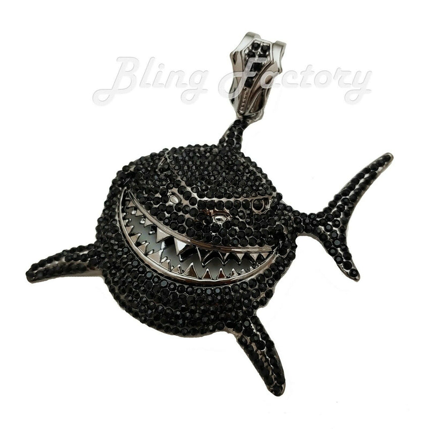 Iced Hip Hop Style 6ix9ine Large Black Shark Bling Lab Diamond Charm Pendant