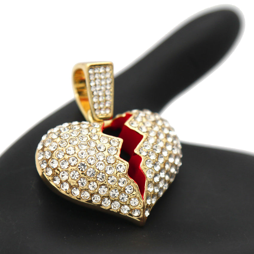 14k Gold Plated Hip Hop Red BROKEN HEART Pendant & 4mm 18" Tennis Choker Chain Necklace