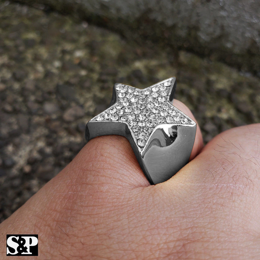 MEN'S ICED OUT HIP HOP LUXURY LAB DIAMOND WHITE GOLD PLATED STAR PINKY 8 ~ 12 RING