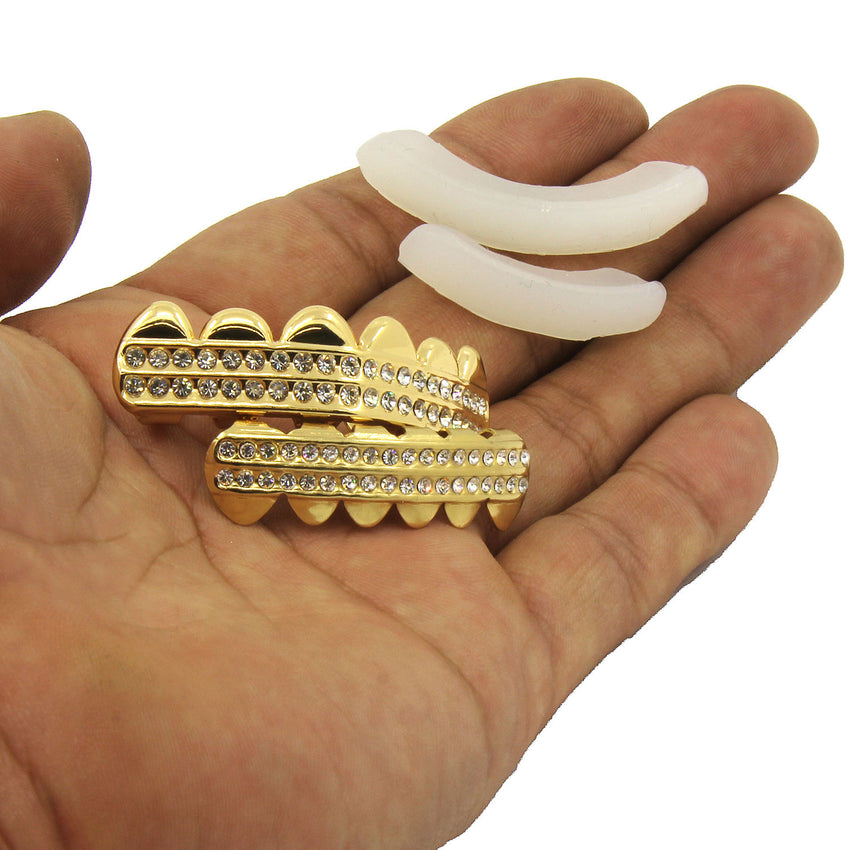 14K Gold 2 Row GRILLZ CZ Top & Bottom Set Teeth Hip Hop Bling Grill