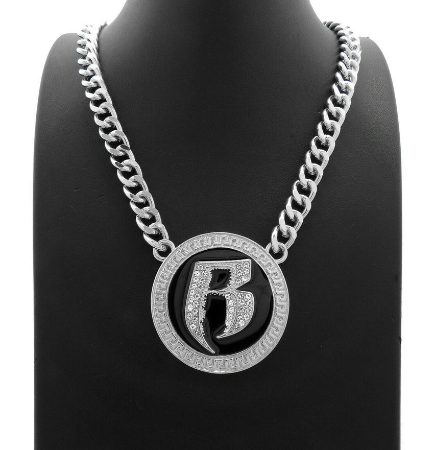 RUFF RYDERS DMX R Pendant & 20" Cuban & Iced Cuban Box Lock Chain Necklace Set