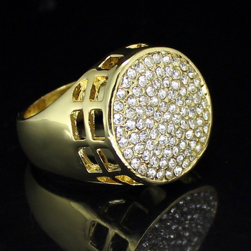 Hip Hop Mens Iced out Cz Flat Screen Round Band 14k Gold Plated Pinky Ring