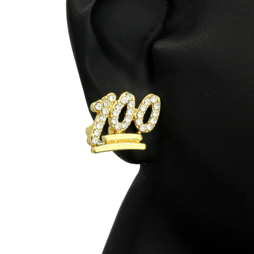 Men's 14K Gold Plated Emoji 100 Lab Diamond Hip Hop Earrings