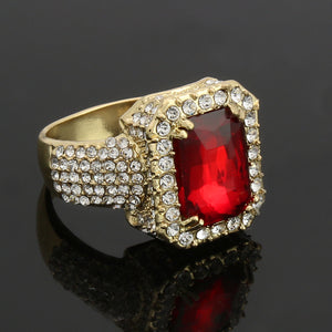 Hip Hop Mens Iced out 14K Gold Plated Red Gemstone Pinky Ring