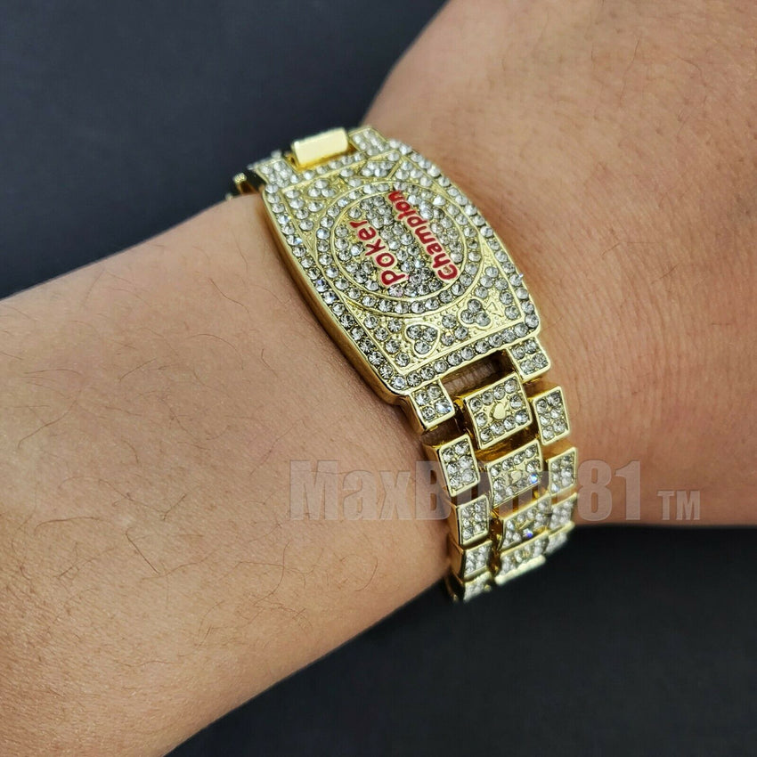 POKER CHAMPION BRACELET GOLD SILVER PLATED ALLOY CUBIC ZIRCONIA ICY ICED HIP HOP