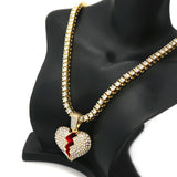 14k Gold Plated Hip Hop Red BROKEN HEART Pendant & 4mm 18" Tennis Choker Chain Necklace