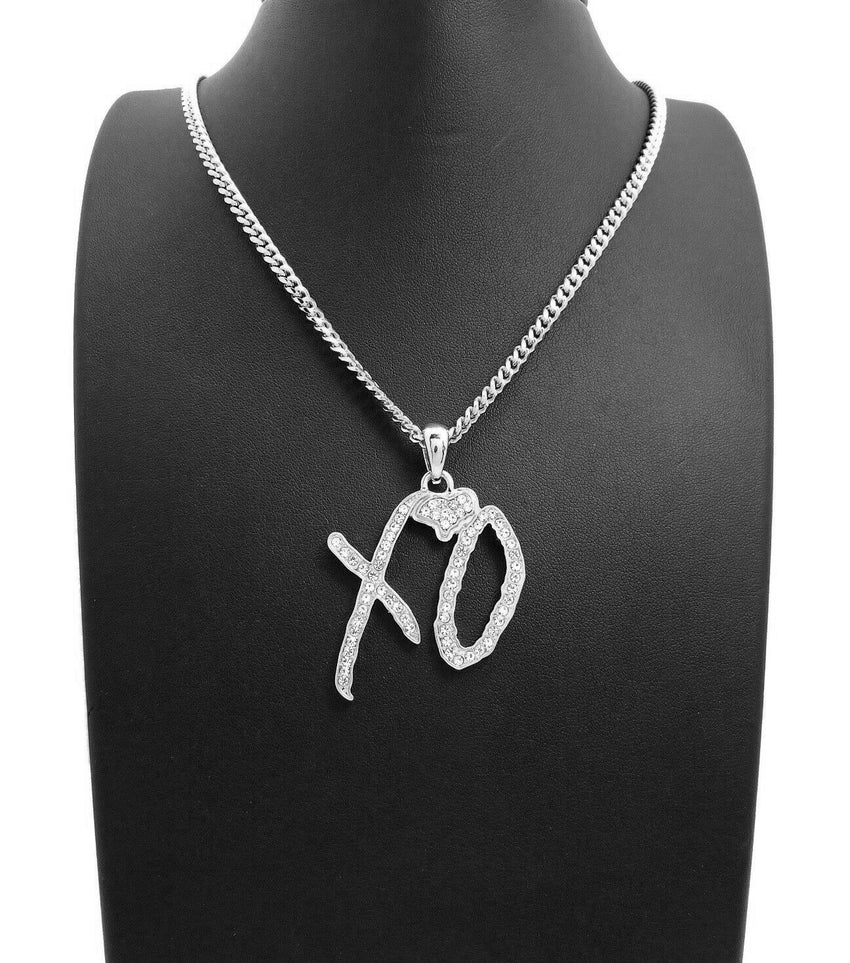 Hip Hop Iced XO Gang White Gold plated Pendant & 3mm 20" Stainless Steel Cuban Chain Necklace