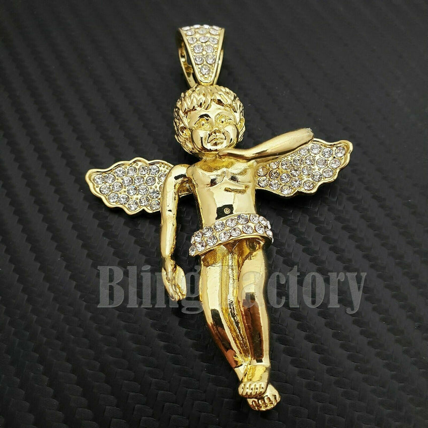 Hip Hop Gold Plated Baby Angel Pendant & 10mm 18" 20" 24" Iced Baguette Chain Bling Necklace