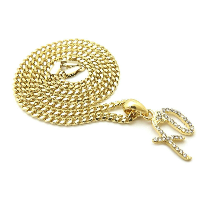 Hip Hop Iced Mini XO Gang Gold plated Pendant & 3mm 18" 20" 24" Stainless Steel Cuban Chain Necklace