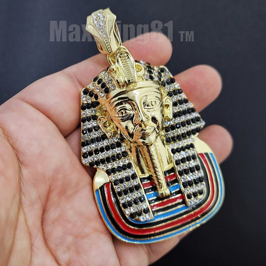 Iced Gold plated Large PHARAOH KING TUT Pendant & Cuban Chain Necklace