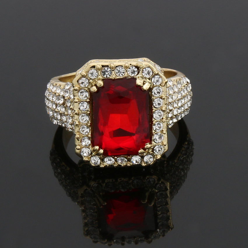Hip Hop Mens Iced out 14K Gold Plated Red Gemstone Pinky Ring