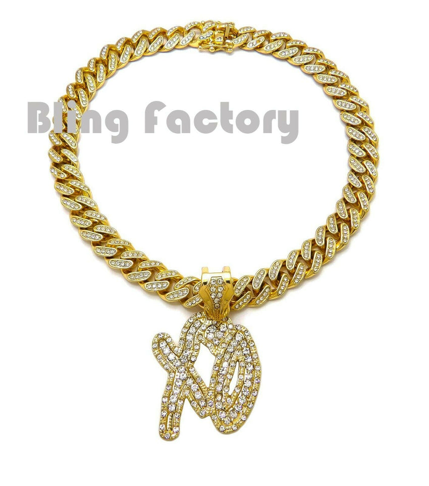 Gold Plated XO Gang pendant & 16" 18" 20" Iced Box Lock Cuban Choker Chain Hip Hop Necklace