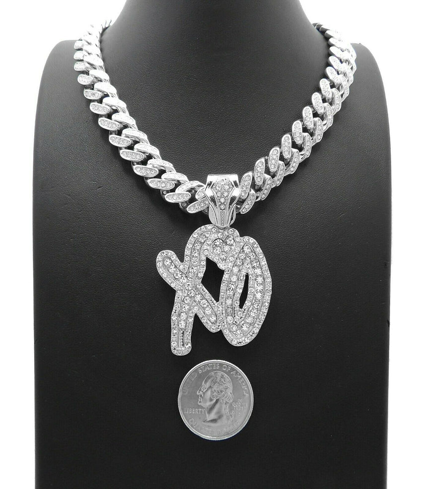 White Gold Plated XO Gang pendant & 16" 18" 20" Iced Box Lock Cuban Choker Chain Hip Hop Necklace