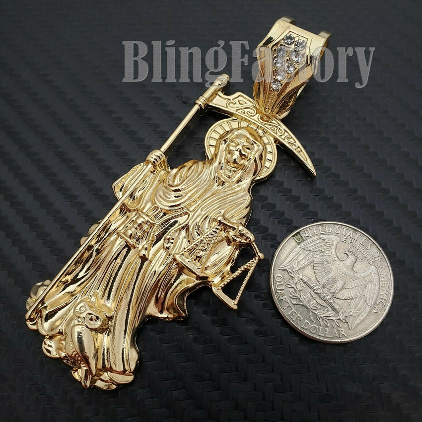 Hip Hop Gold PT Saint Death Santa Muerte Pendant & 16" 18" 20" Iced Cuban Choker Chain Necklace