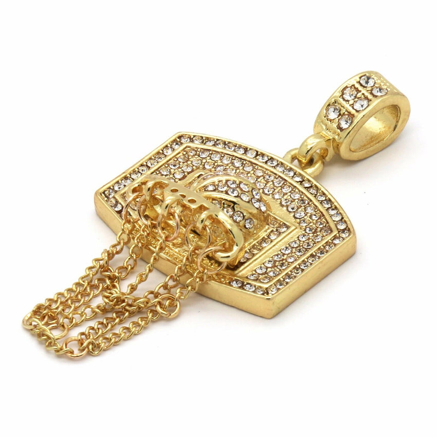 Gold Plated Basketball BACKBOARD CZ Pendant Hip-Hop Chain 24" Inch Rope Necklace