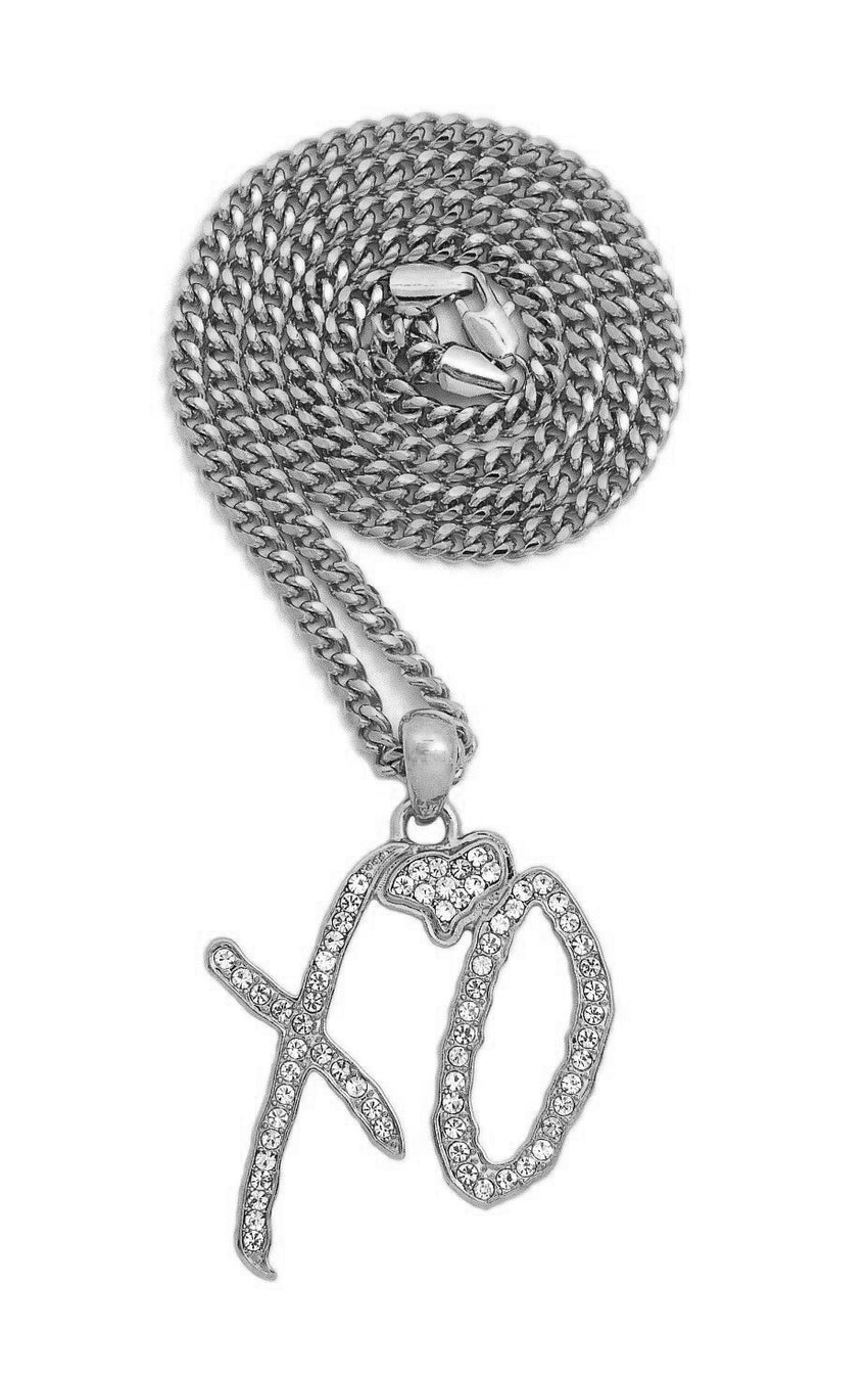 Hip Hop Iced XO Gang White Gold plated Pendant & 3mm 20" Stainless Steel Cuban Chain Necklace