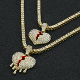 Gold PT Hip Hop Broken Heart Pendant & 1 Row Lab Diamond 18" & 24" Tennis Chain Necklace Set