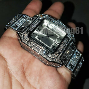 Men Hip Hop White Gold Plated Iced Bling Lab Diamond Luxury Style Square Metal Band Watch