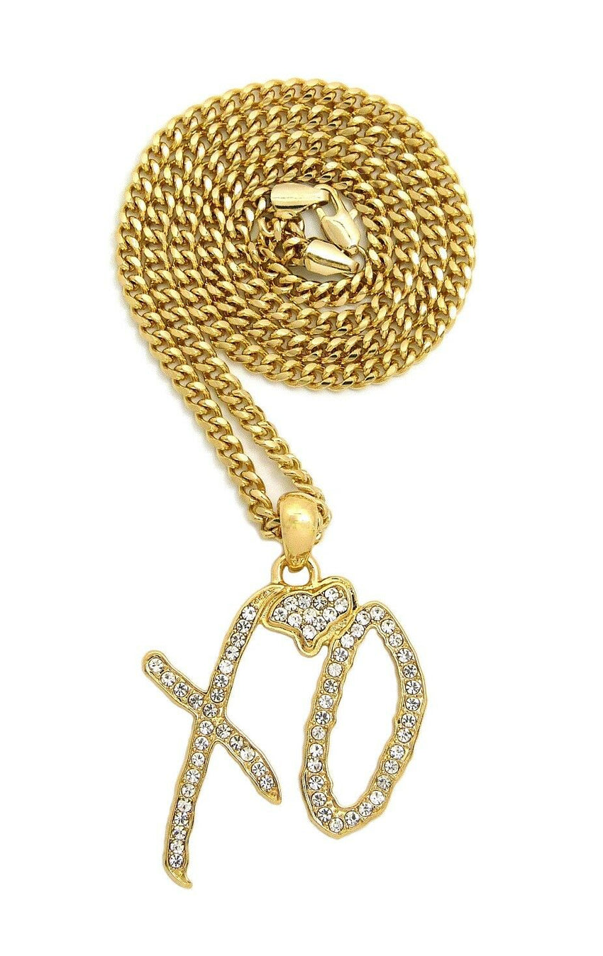 Hip Hop Iced XO Gang Gold plated Pendant & 3mm 24" Stainless Steel Cuban Chain Necklace