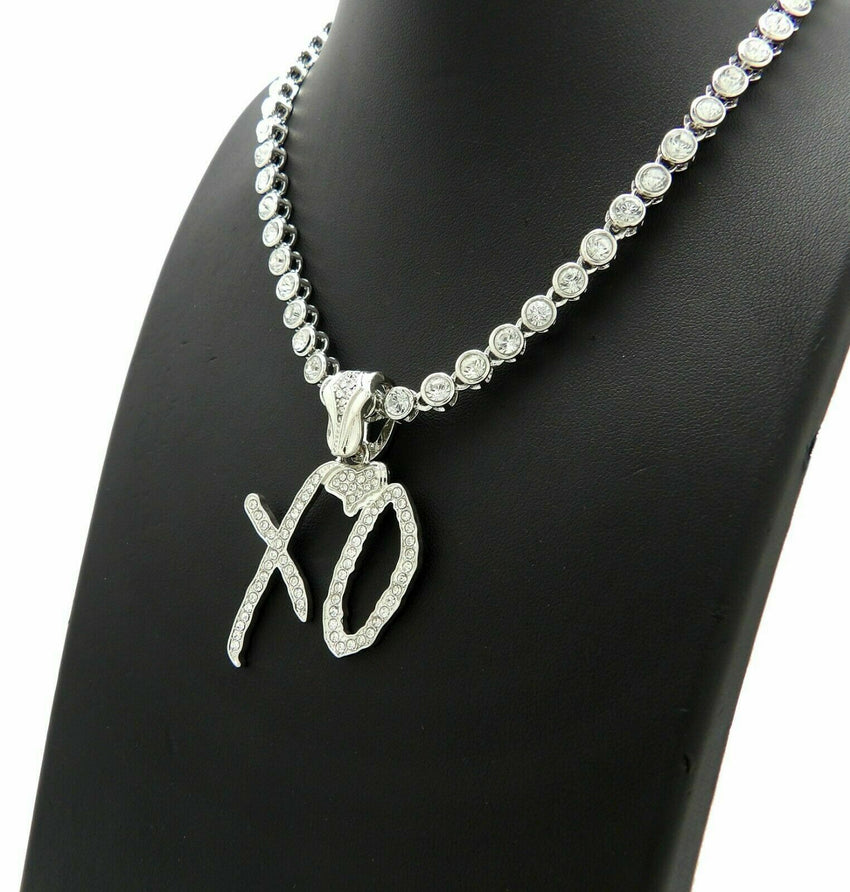 Hip Hop White Gold Plated XO Pendant & Iced 18" 20" 1 Row Big CZ Choker Chain Bling Fashion Necklace