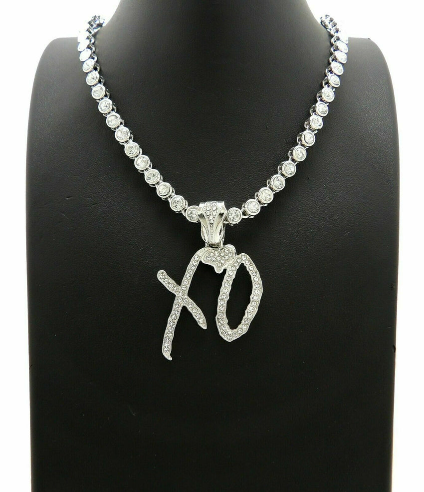 Hip Hop White Gold Plated XO Pendant & Iced 18" 20" 1 Row Big CZ Choker Chain Bling Fashion Necklace
