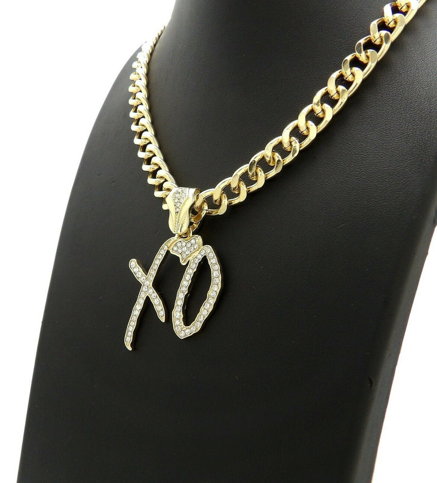HIP HOP STYLE RAPPER'S GOLD PLATED XO GANG PENDANT & 10mm 18" 20" 24" 30" CUBAN CHAIN NECKLACE