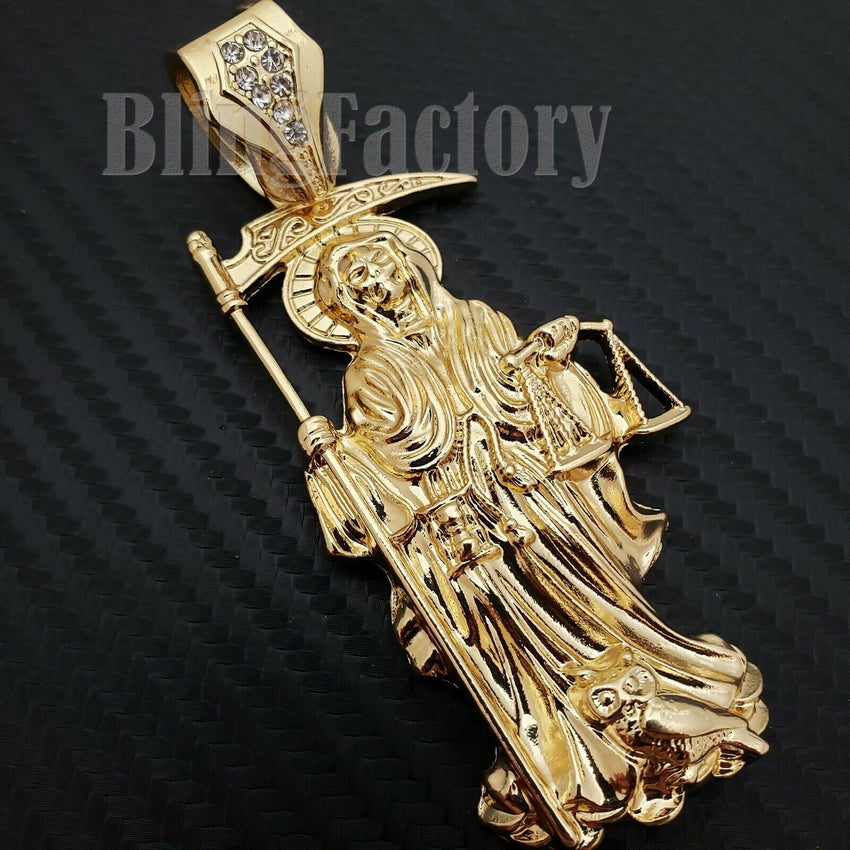 Hip Hop Gold PT Saint Death Santa Muerte Pendant & 16" 18" 20" Iced Cuban Choker Chain Necklace