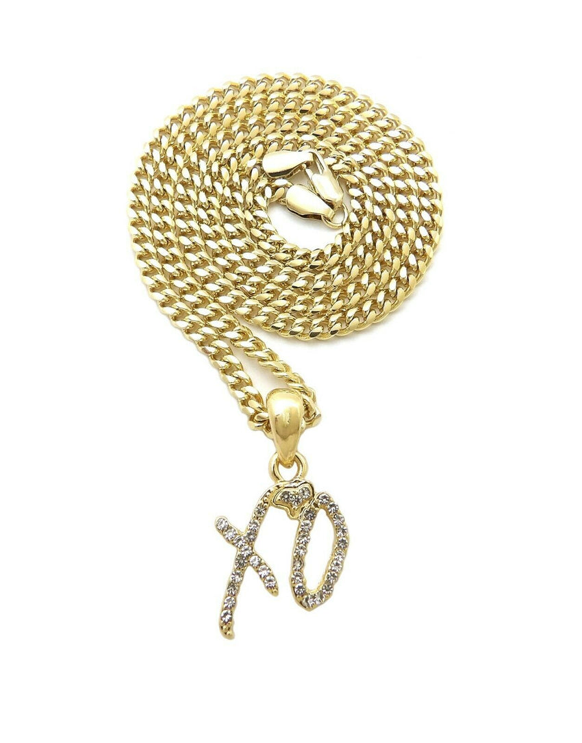 Hip Hop Iced Mini XO Gang Gold plated Pendant & 3mm 18" 20" 24" Stainless Steel Cuban Chain Necklace