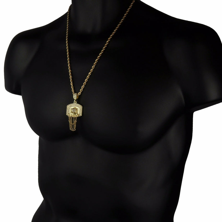 Gold Plated Basketball BACKBOARD CZ Pendant Hip-Hop Chain 24" Inch Rope Necklace