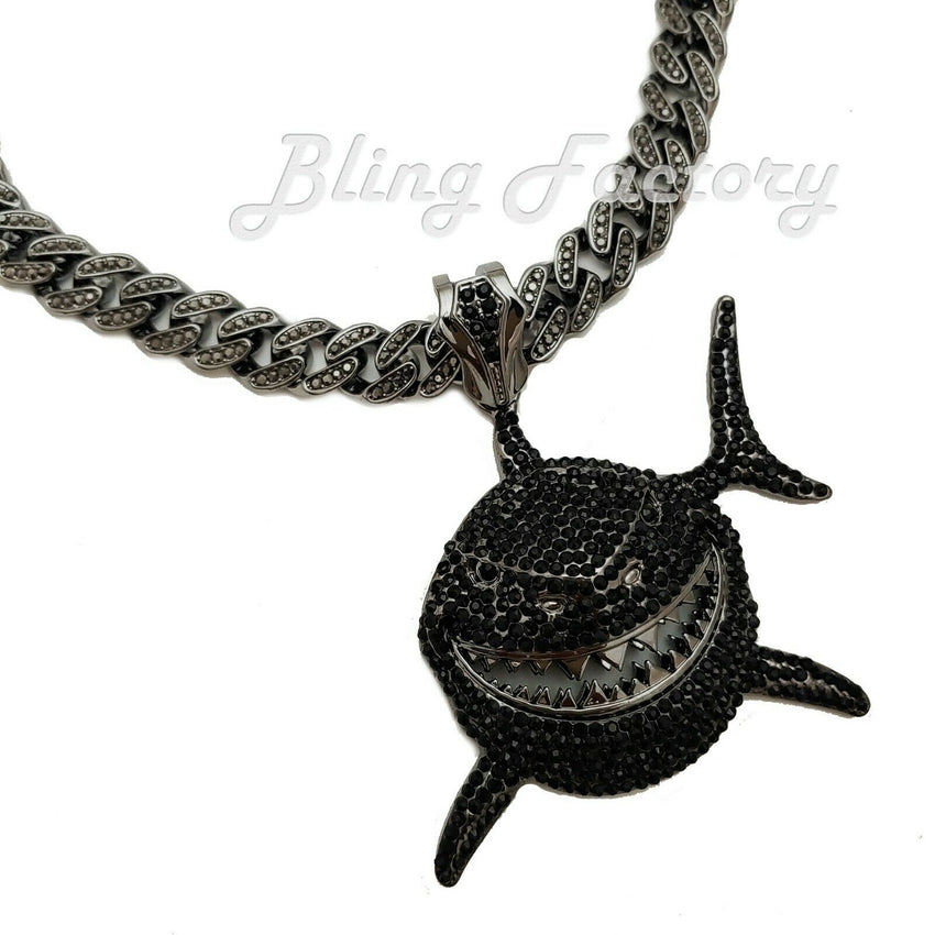 6ix9ine Iced Black Shark Large Pendant 16" ~ 24" Full Iced Cuban Chain Necklace