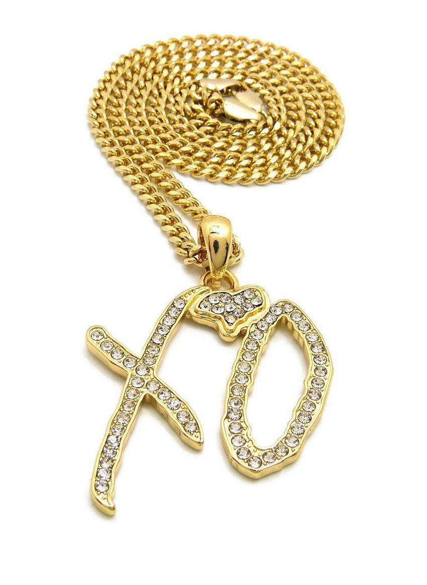 Hip Hop Iced XO Gang Gold plated Pendant & 3mm 20" Stainless Steel Cuban Chain Necklace