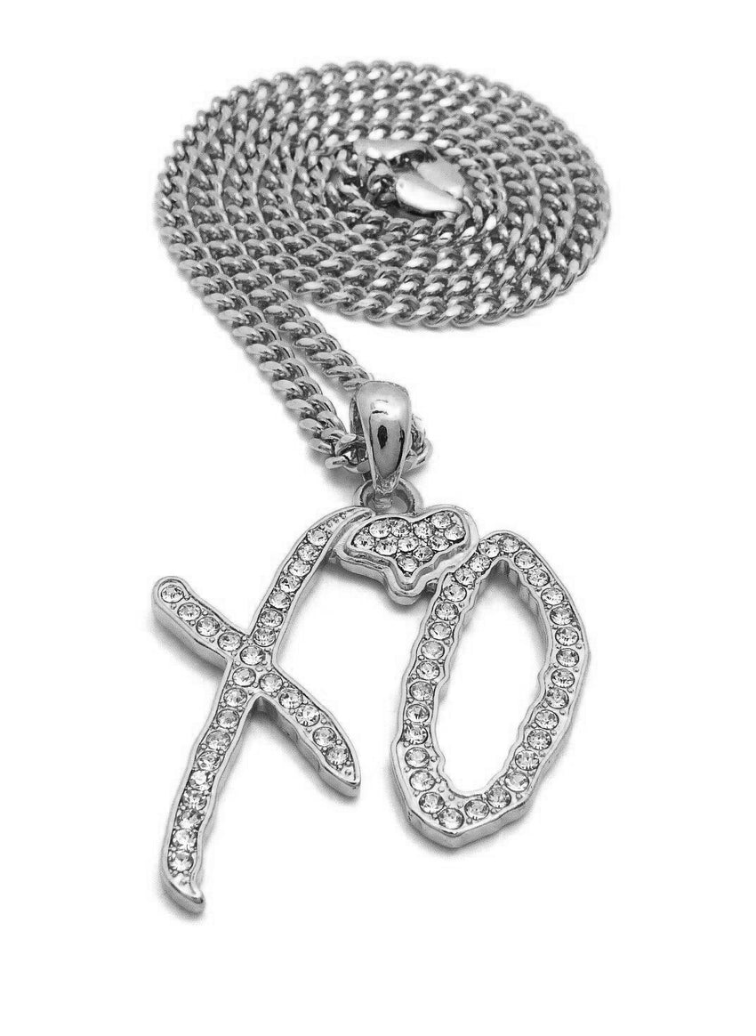 Hip Hop Iced XO Gang White Gold plated Pendant & 3mm 24" Stainless Steel Cuban Chain Necklace