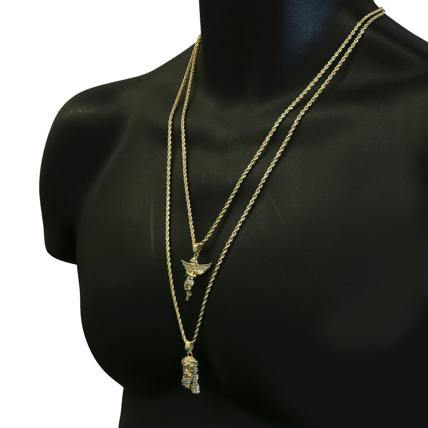 14K Gold Plated Hip Hop Jesus & Angel Pendant w/ 2mm 24" & 30" Rope Chain Necklace Set