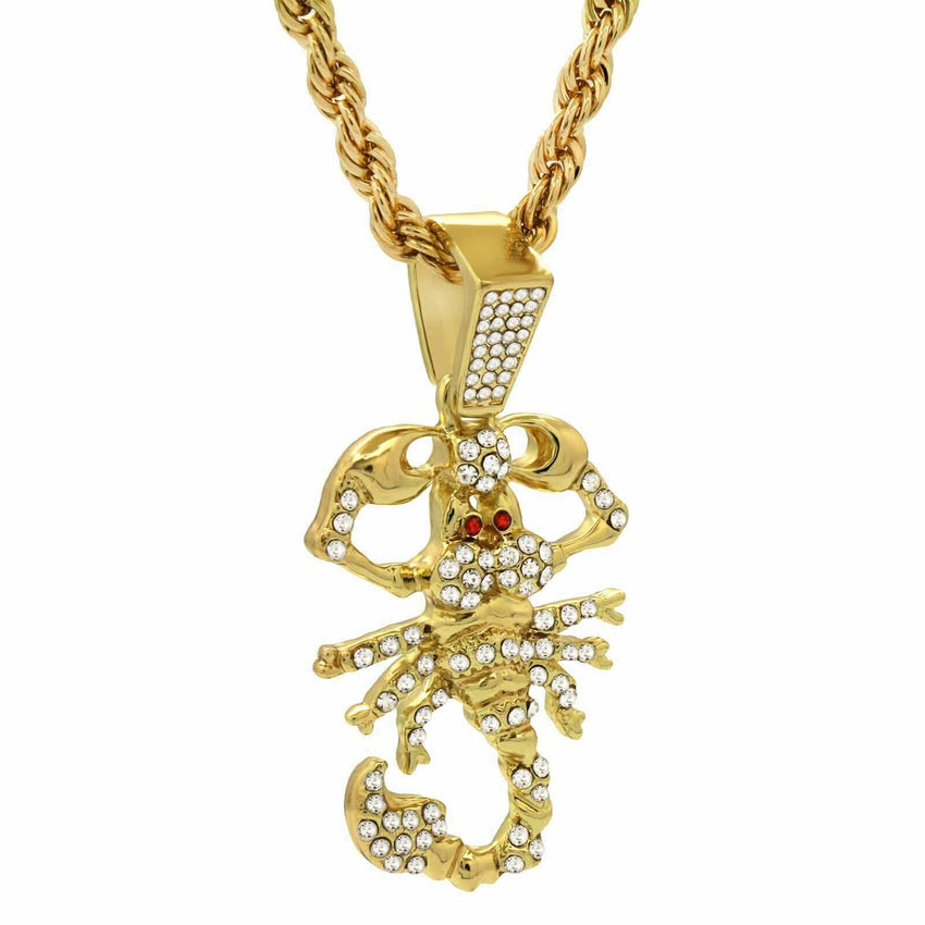 14K Gold Plated Hip Hop Scorpion Pendant & 4mm 24" Rope Chain Necklace