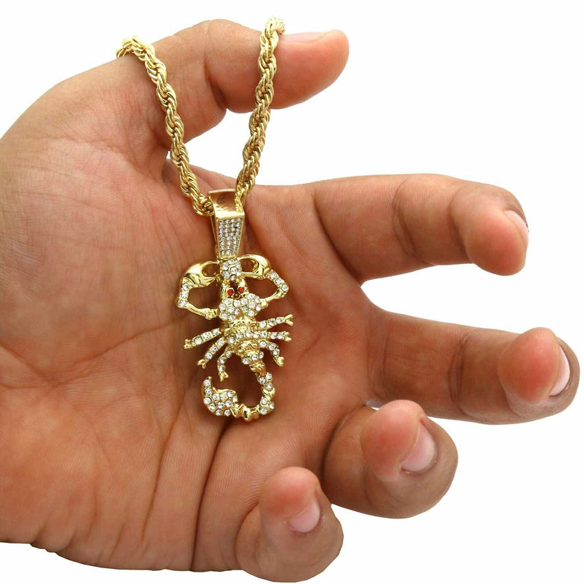 14K Gold Plated Hip Hop Scorpion Pendant & 4mm 24" Rope Chain Necklace