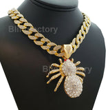 Hip Hop Large Gold PT Spider Pendant & 18" Full Iced Cuban Choker Chain Necklace
