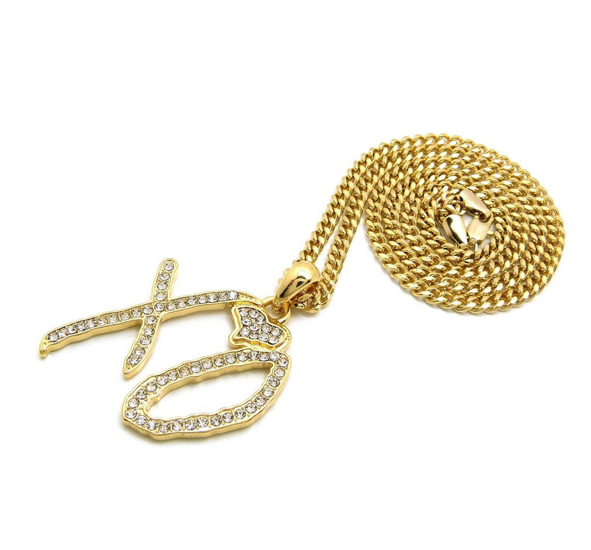 Hip Hop Iced XO Gang Gold plated Pendant & 3mm 20" Stainless Steel Cuban Chain Necklace