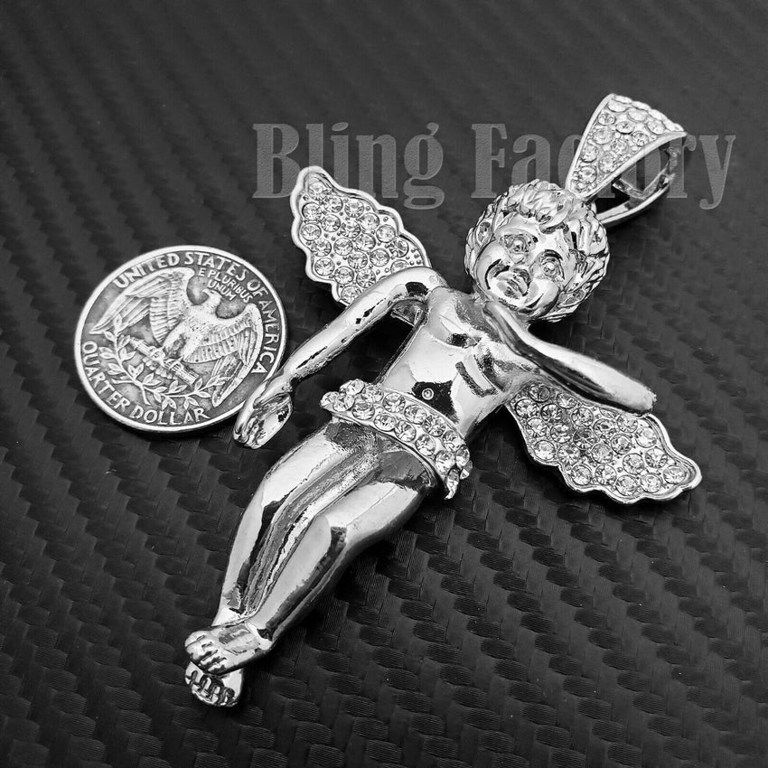 Hip Hop White Gold Plated Baby Angel Pendant & 10mm 18" 20" 24" Iced Baguette Chain Bling Necklace