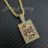 Iced Gold Plated Alloy Poker Playing Card Pendant & 4mm 24" Rope Chain Necklace