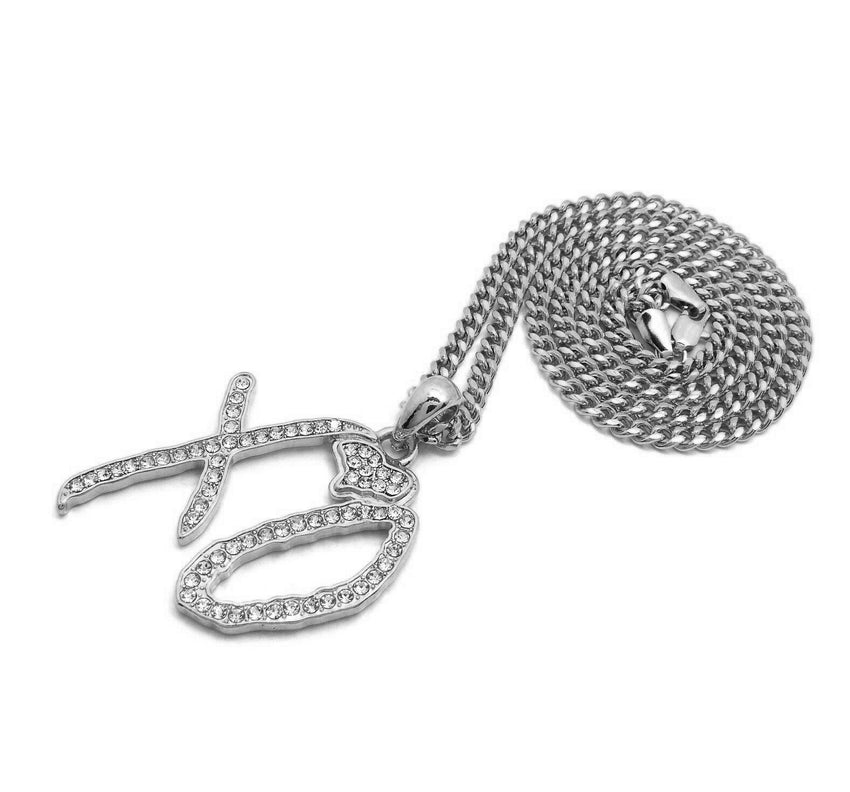 Hip Hop Iced XO Gang White Gold plated Pendant & 3mm 20" Stainless Steel Cuban Chain Necklace