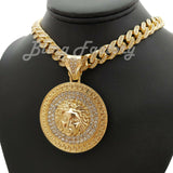 Hip Hop Gold PT Medusa Head Pendant & 12mm 16" 18" 20" 24" Full Iced Cuban Chain Necklace