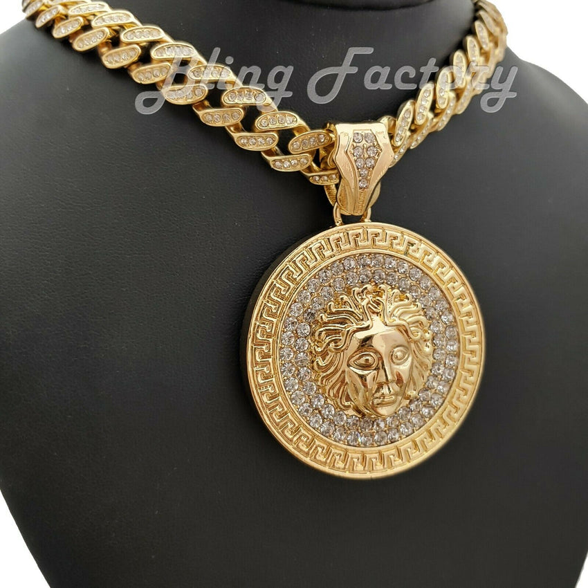Hip Hop Gold PT Medusa Head Pendant & 12mm 16" 18" 20" 24" Full Iced Cuban Chain Necklace