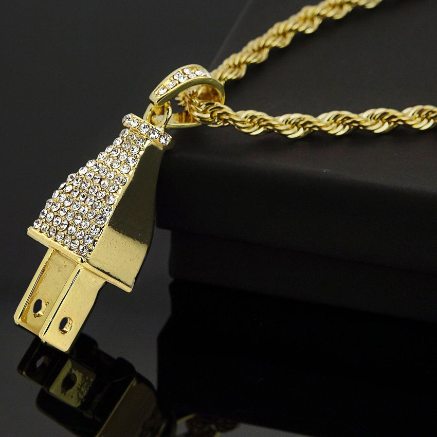 HIP HOP ICED LAB DIAMOND GOLD PT BLING POWER PLUG PENDANT & 24" ROPE CHAIN NECKLACE