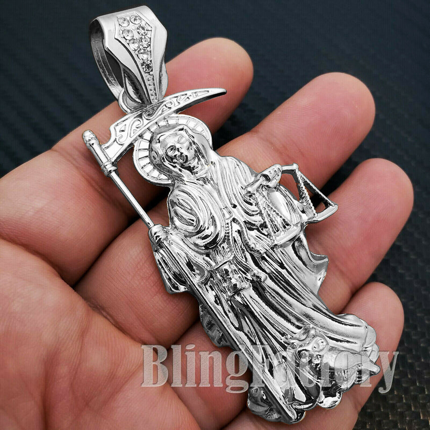 HIP HOP WHITE GOLD PLATED FASHION LAB DIAMOND SAINT DEATH SANTA MUERTE CHARM PENDANT