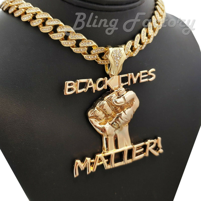 Gold PT Black Lives Matter Fist Pendant & 12mm 16" 18" 20" 24" Full Iced Cuban Box Lock Chain Necklace