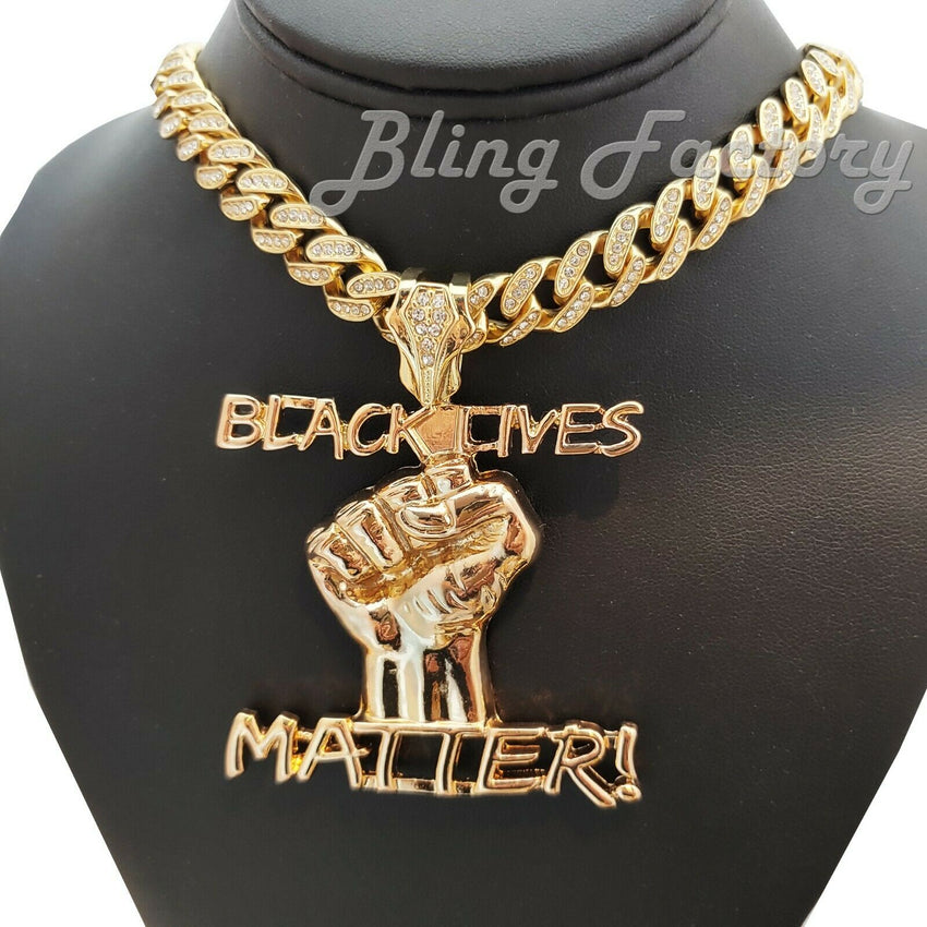 Gold PT Black Lives Matter Fist Pendant & 12mm 16" 18" 20" 24" Full Iced Cuban Box Lock Chain Necklace