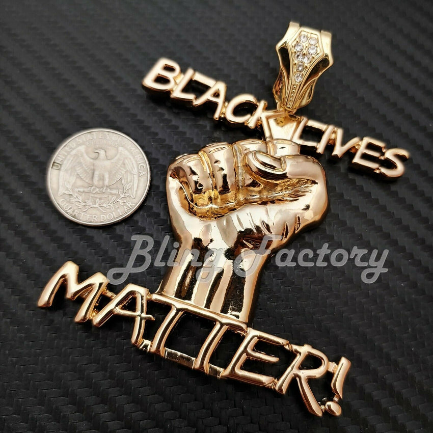 Gold PT Black Lives Matter Fist Pendant & 12mm 16" 18" 20" 24" Full Iced Cuban Box Lock Chain Necklace