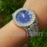 Hip Hop Iced Blue Dial White Gold PT Migos Bling BIG Simulated Diamond Watch
