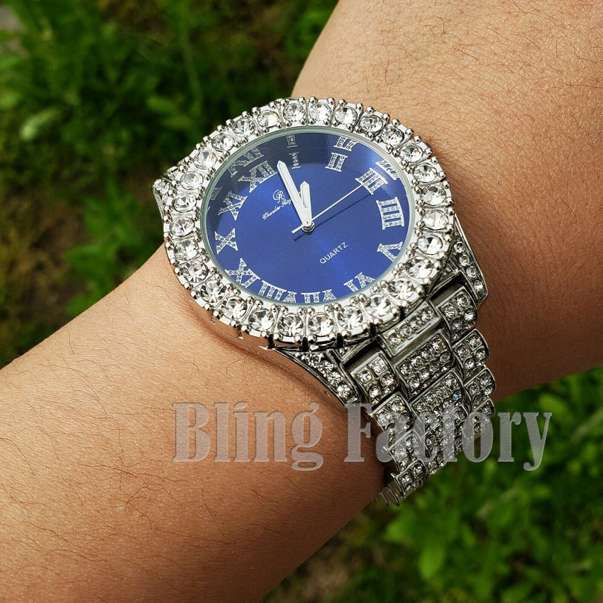Hip Hop Iced Blue Dial White Gold PT Migos Bling BIG Simulated Diamond Watch
